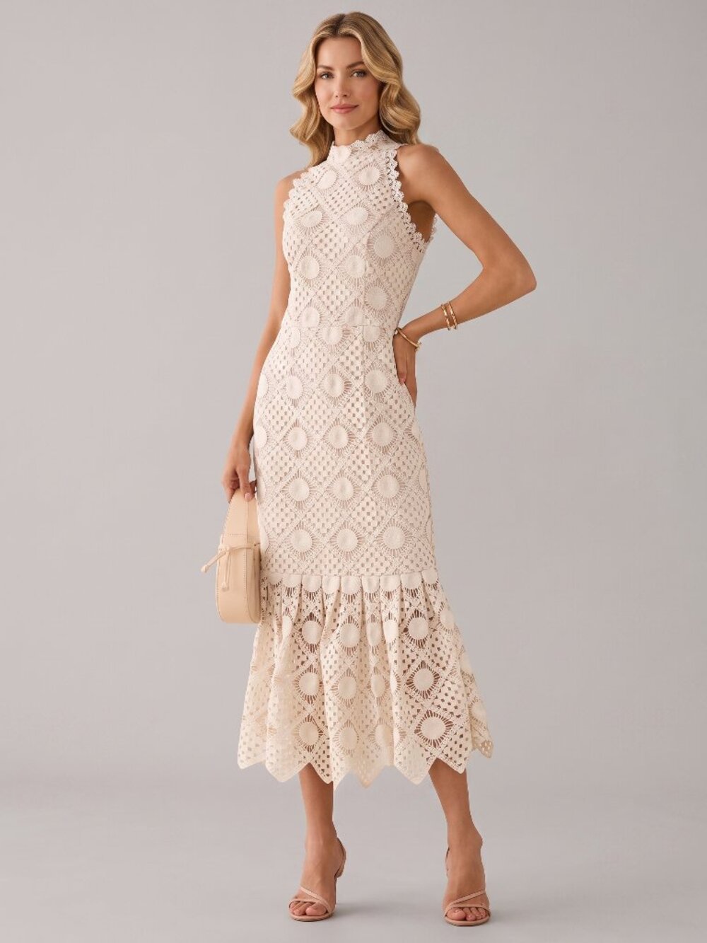 Women's White Crochet Lace Midi Dress Sleeveless Wedding Guest Party